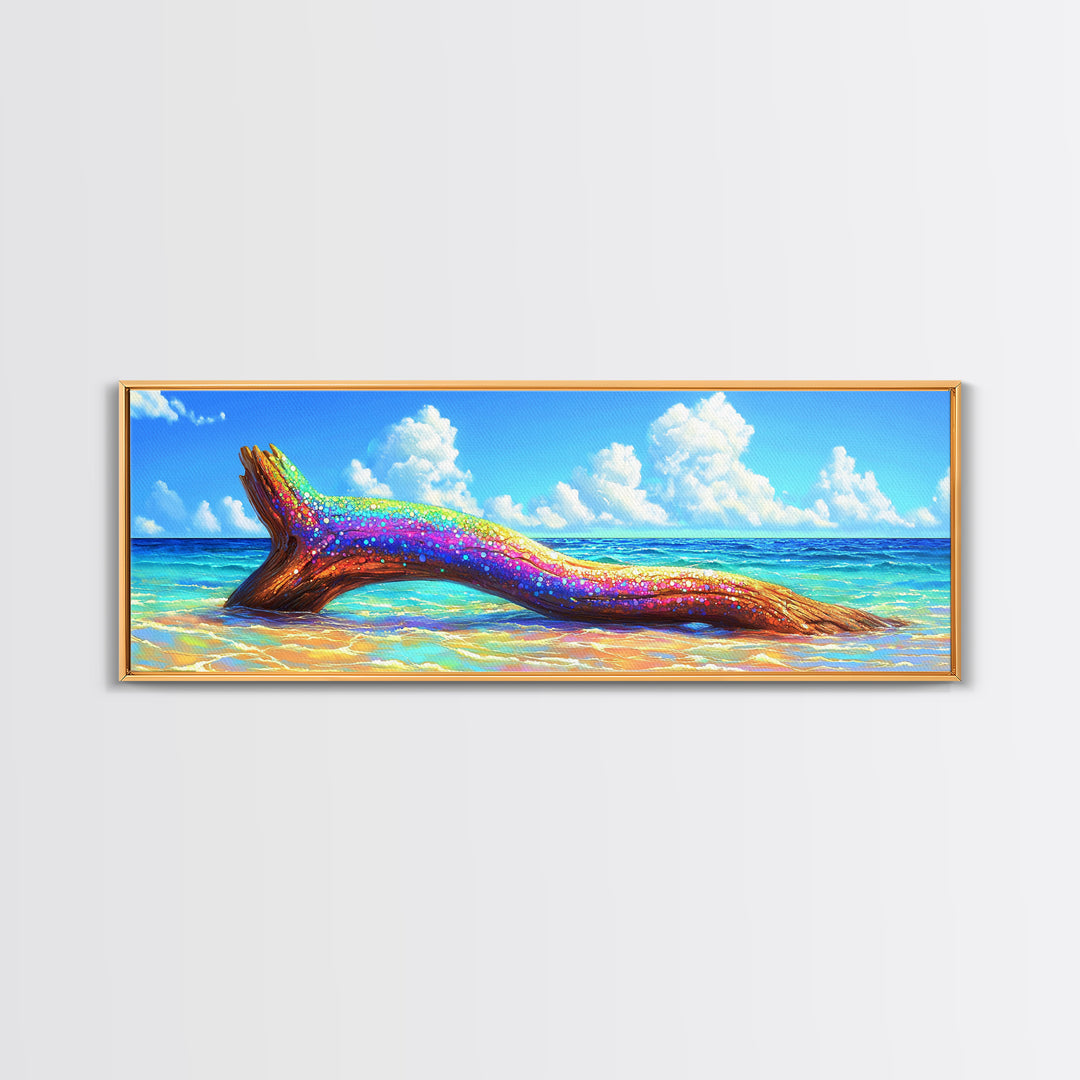 Rainbow Driftwood On Turquoise Beach Canvas Print, Coastal Wall Art, Beach House Decor, Ocean Wall Decor, Tropical Home Decor