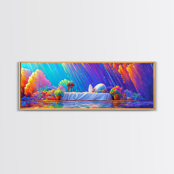 Surreal White Bed With Moonlit Egg Framed Canvas Print, Whimsical Wall Art, Maximalist Decor, Romantic Dreamy Bedroom Wall Decor