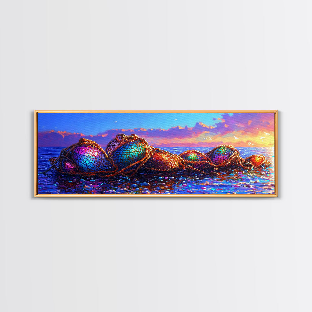 Rainbow Fishing Nets On Pebble Shore Framed Canvas Print, Coastal Wall Art, Beach House Decor, Nautical Living Room Decor