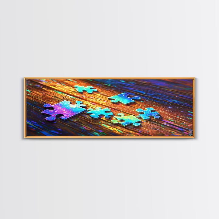 Rainbow Puzzle Pieces On Wood Table Canvas Print, Game Room Wall Art, Colorful Abstract Art, Playroom Decor, Unique Gift