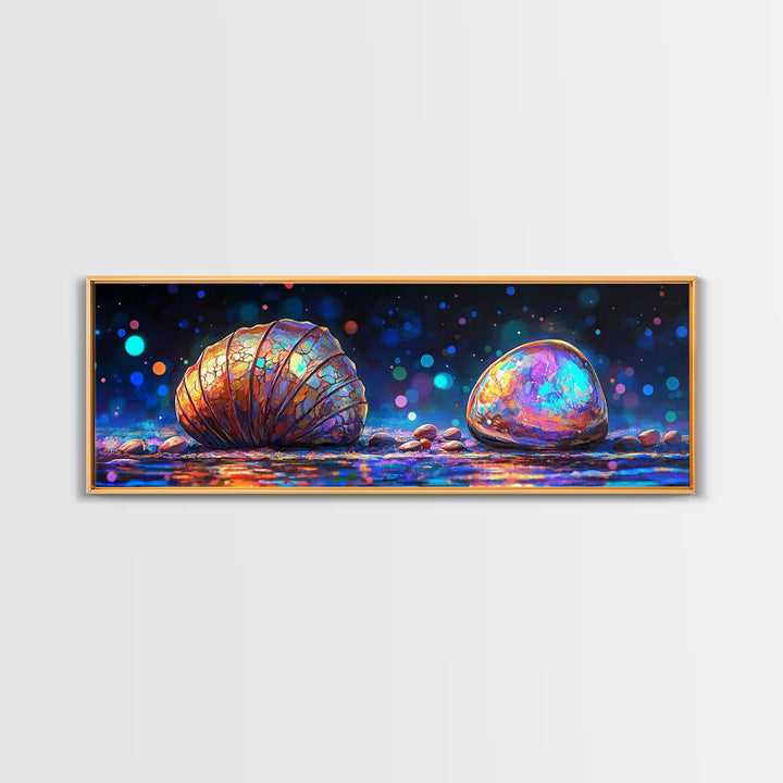 Glowing Seashell And Polished Stone Framed Canvas Print, Coastal Wall Art, Ocean Decor, Beach House Decor, Nautical Gift