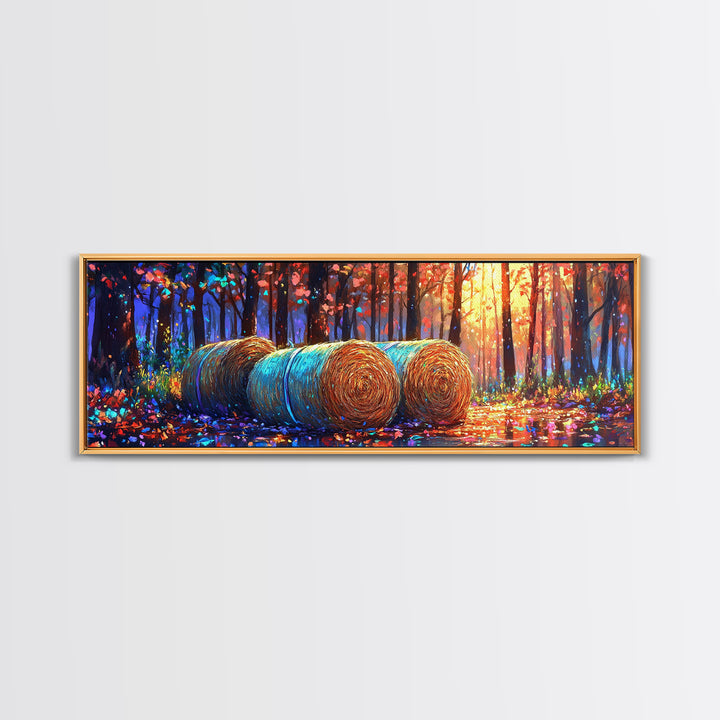 Golden Hay Bales In Autumn Forest Wall Art, Rustic Farmhouse Decor, Landscape Art Print, Country Home Decor, Cabin Wall Art