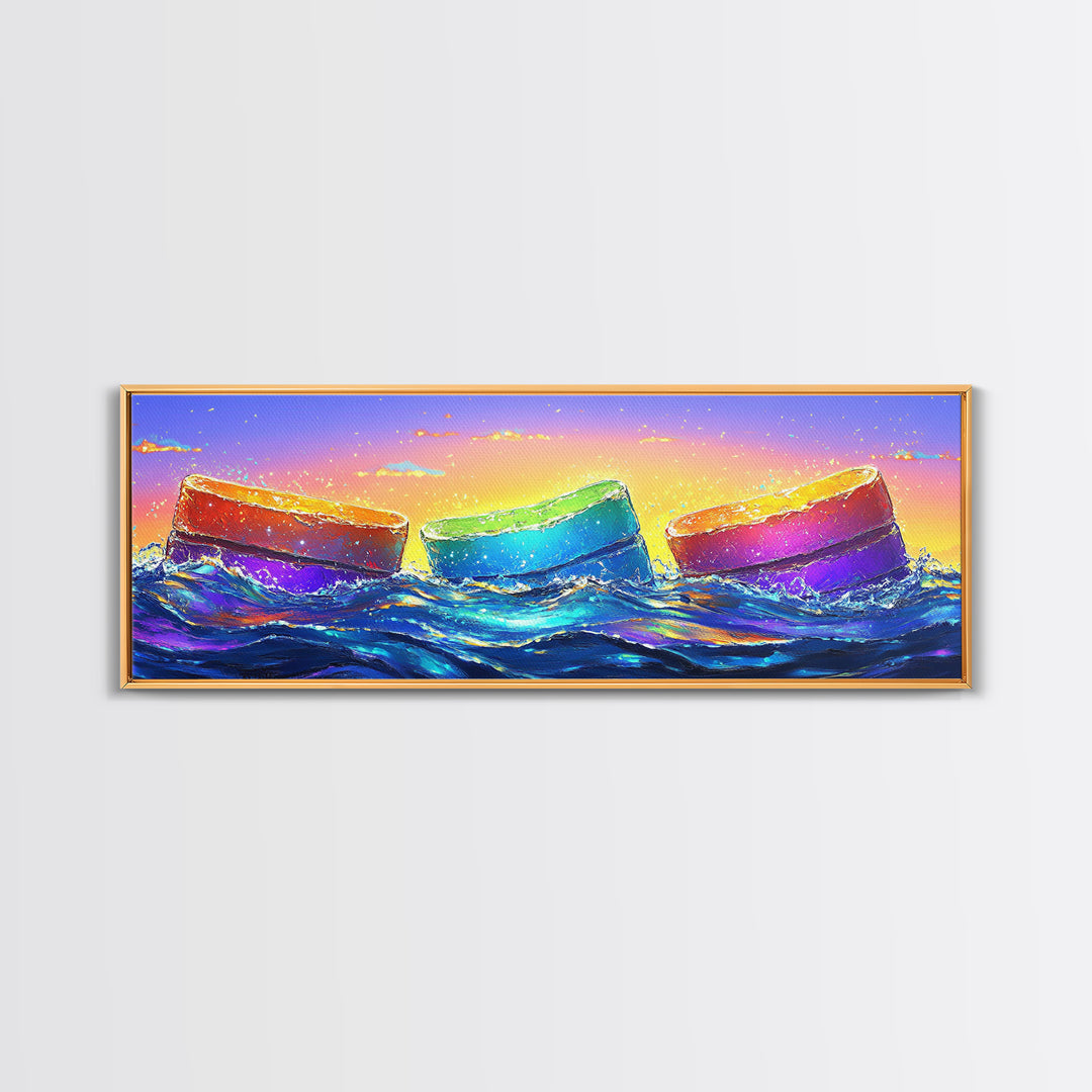 Rainbow Buoys In Ocean Waves Canvas Print, Coastal Wall Art, Colorful Beach House Decor, Modern Summer Living Room Wall Art