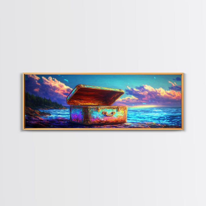 Open Treasure Chest On Neon Beach Canvas Print, Coastal Wall Art, Fantasy Ocean Decor, Beach House Decor, Housewarming Gift