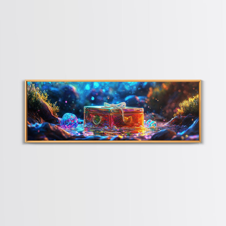 Glass Treasure Box In Magical Stream Framed Canvas Print, Fantasy Wall Art, Nature Inspired Art, Whimsical Home Decor, Gift