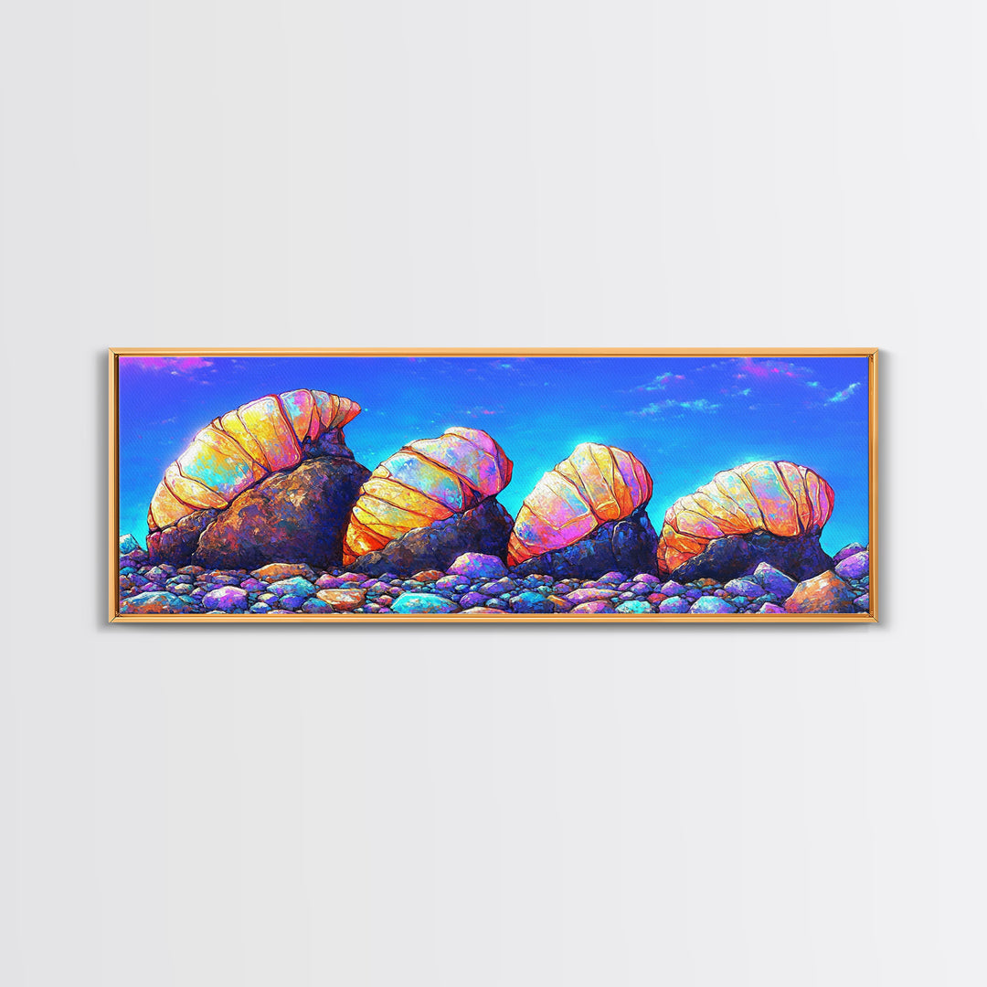 Iridescent Hermit Crabs On Pebble Shore Canvas Print, Coastal Wall Art, Beach House Decor, Ocean Art, Nautical Decor, Gift