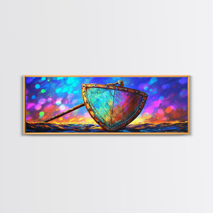 Iridescent Viking Shield And Spear Canvas Print, Fantasy Wall Art, Norse Decor, Medieval Warrior Gift For Him, Game Room Decor
