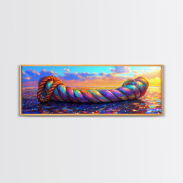 Rainbow Nautical Rope At Sunset Wall Art, Coastal Beach House Decor, Ocean Canvas Print, Tropical Seascape Art Gift For Her