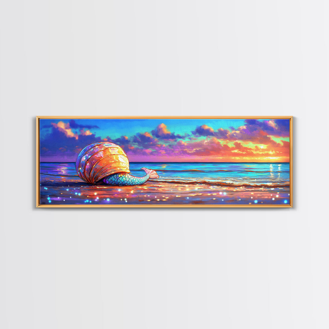 Glowing Seashell Mermaid Tail Wall Art, Coastal Canvas Print, Beach House Decor, Ocean Sunset Art For Nautical Nursery Room