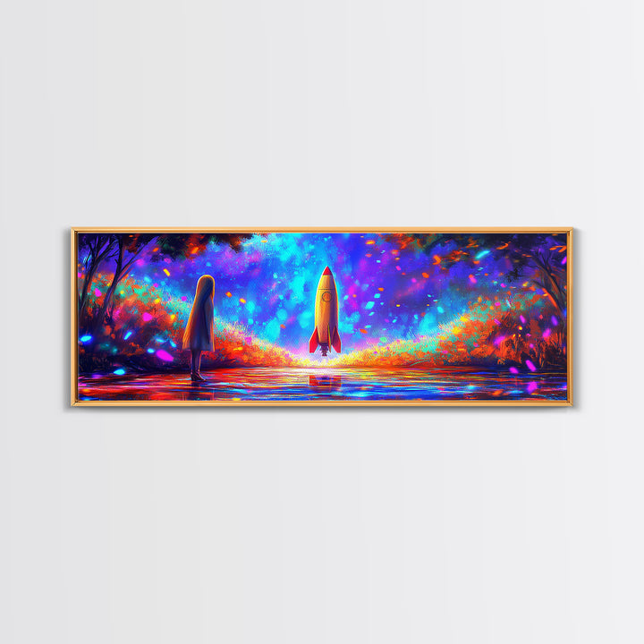 Rocket Launch Through Neon Forest Canvas Print, Futuristic Space Wall Art, Sci Fi Room Decor, Adventure Poster Gift For Him