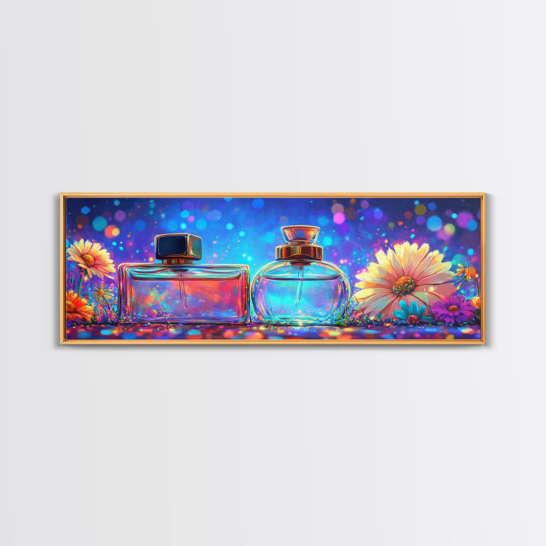 Glowing Perfume Bottles And Daisy Flowers Framed Canvas Print, Feminine Wall Art, Beauty Room Decor, Gift For Her, Vanity Decor