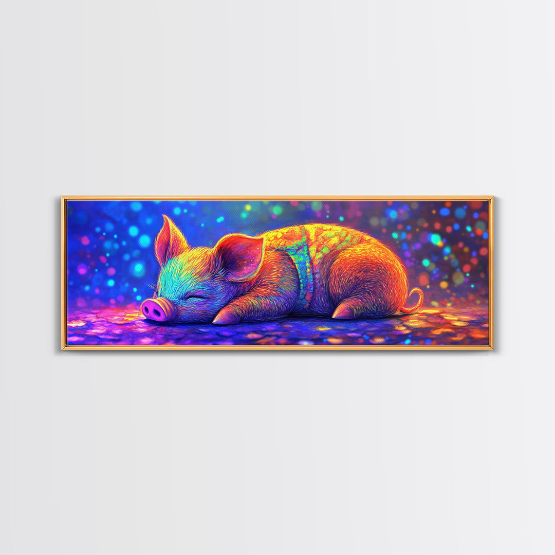Sleeping Piglet In Rainbow Light Canvas Print, Cute Animal Wall Art, Nursery Decor, Farm Animal Art, Kids Room Wall Decor