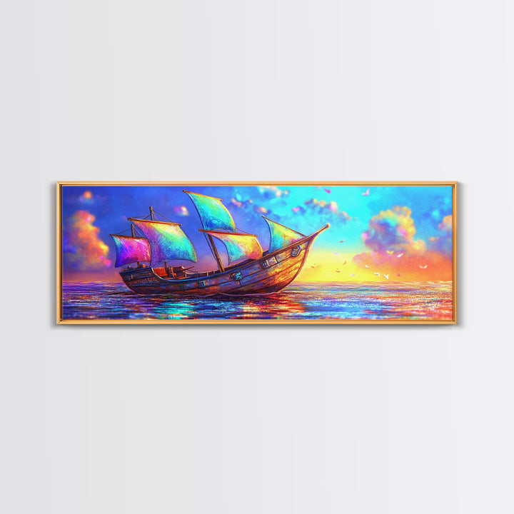 Colorful Fantasy Sailboat At Sunset Canvas Print, Nautical Coastal Wall Art, Ocean Landscape Decor, Beach House Gift Idea