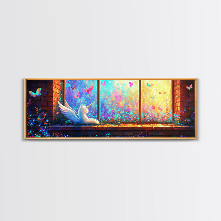 Sleeping Winged Unicorn On Window Sill Framed Canvas Print, Fantasy Wall Art, Butterfly Nursery Decor, Whimsical Gift For Her