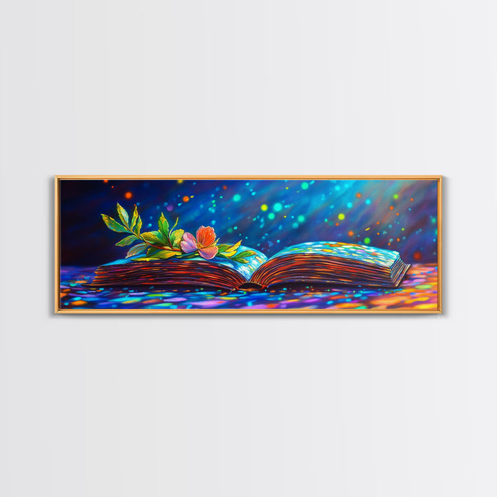 Magical Open Book With Flower Wall Art, Literary Canvas Print, Book Lover Decor, Cozy Library Reading Nook Decor Gift For Her