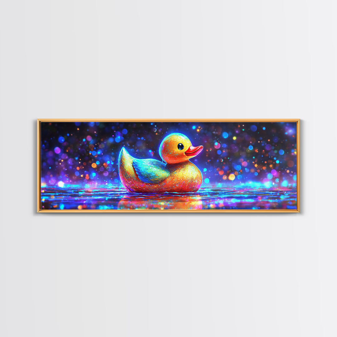 Rainbow Rubber Duck On Sparkling Water Wall Art, Whimsical Bathroom Decor, Kids Room Art, Cute Animal Canvas Print, Gift For Kids