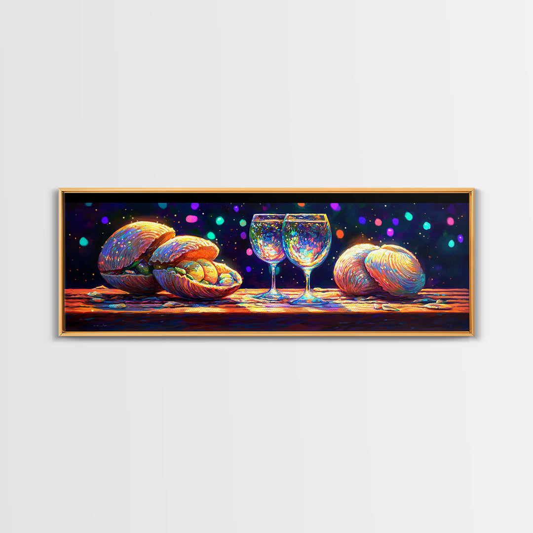 Iridescent Seashells And Wine Glasses Canvas Print, Coastal Kitchen Wall Art, Beach House Decor, Dining Room Print, Gift For Her