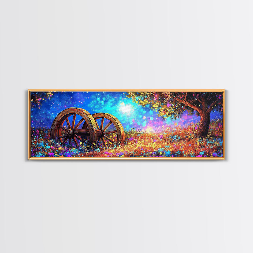 Starry Meadow Wagon Wheels Framed Canvas Print, Rustic Country Wall Art, Whimsical Landscape Decor, Farmhouse Home Gift