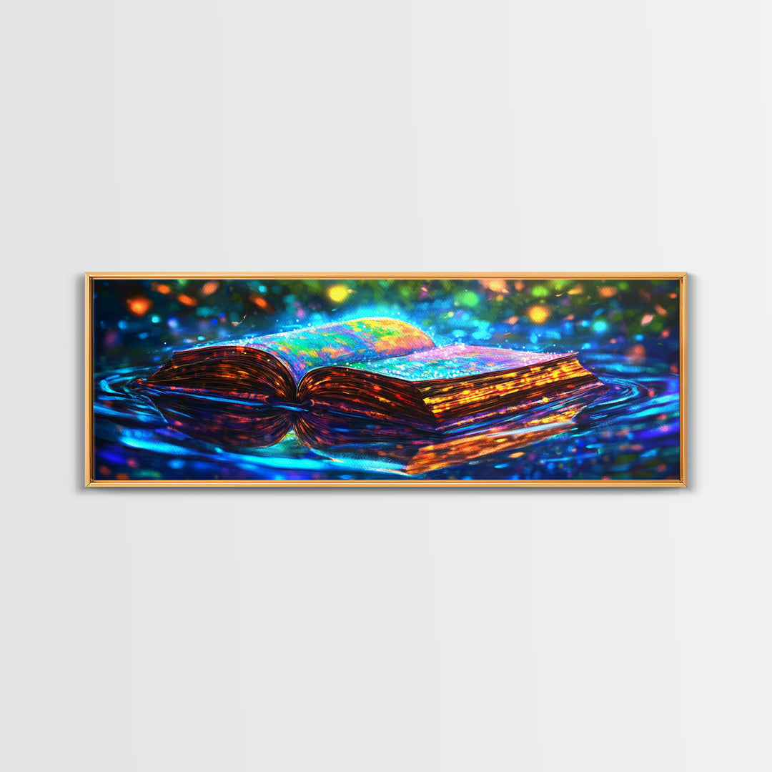 Glowing Open Book On Moonlit Water Canvas Print, Fantasy Wall Art, Library Decor, Book Lover Gift, Magical Reading Nook Art