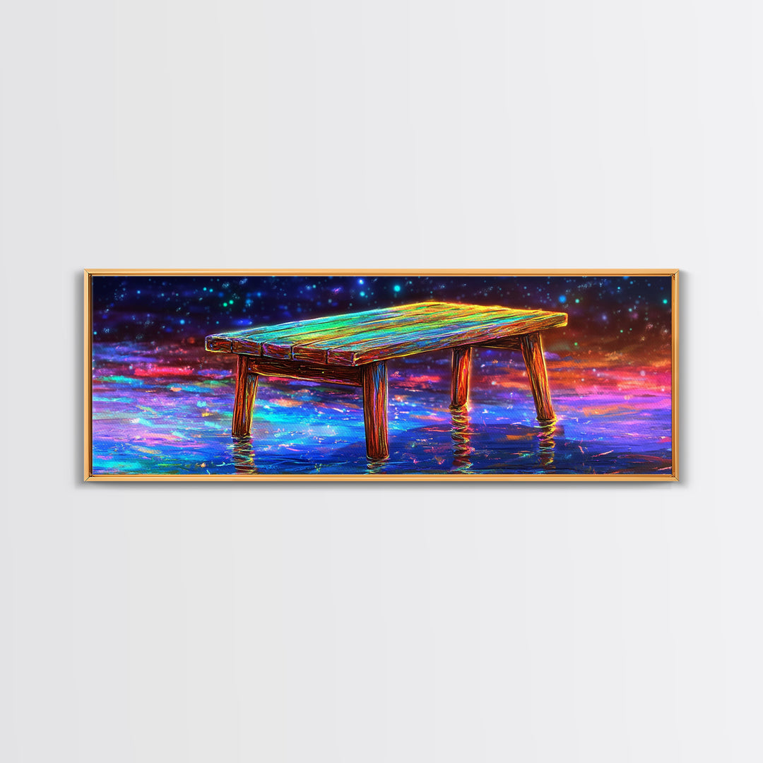 Glowing Wooden Dock Over Reflective Water Wall Art, Starry Landscape Canvas Print For Lake House Decor And Home Office Decor