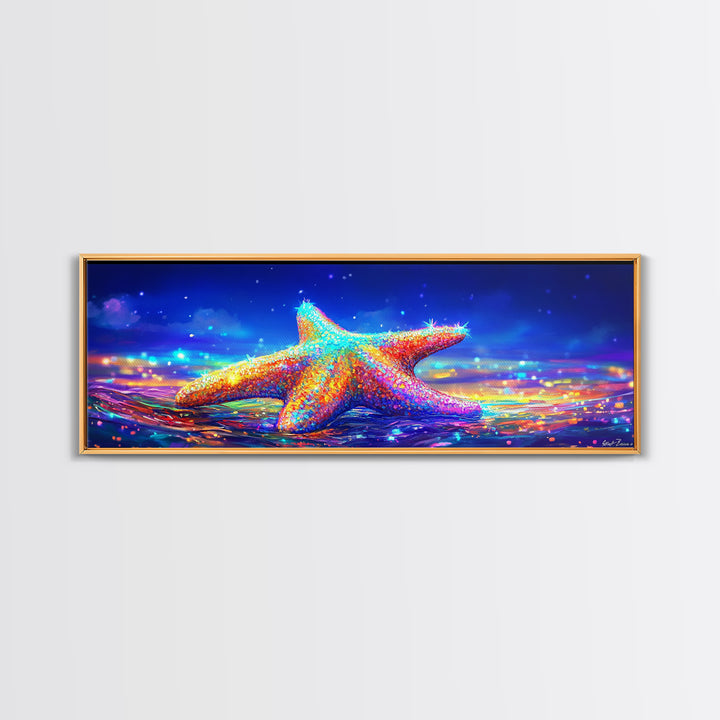 Rainbow Starfish In Moonlit Surf Canvas Print, Coastal Wall Art, Ocean Seascape Decor, Beach House Gift For Her, Summer Decor