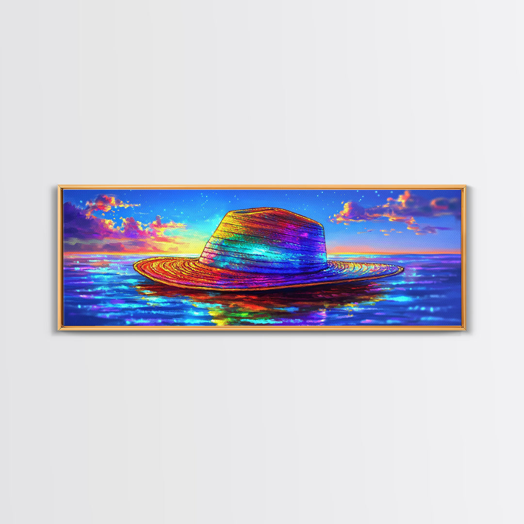 Rainbow Straw Hat Floating On Sunset Ocean Wall Art, Colorful Beach Decor, Coastal Canvas Print, Summer Vacation Poster Art