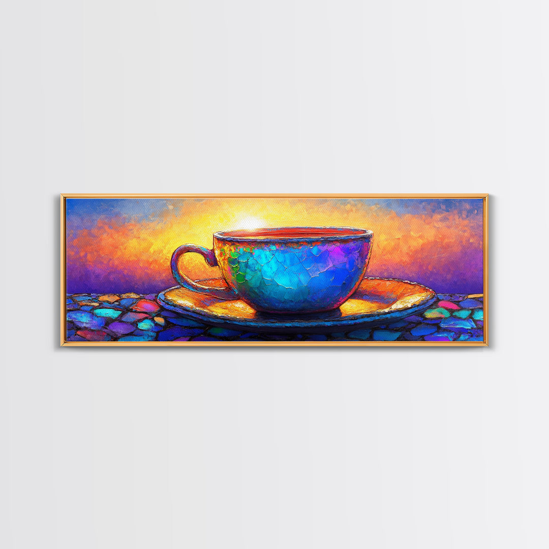 Textured Blue Teacup On Mosaic Saucer Canvas Print, Coffee Art, Kitchen Wall Art, Colorful Wall Art, Cozy Cafe Home Decor