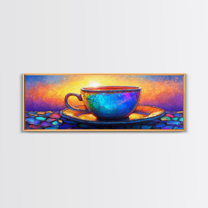 Textured Blue Teacup On Mosaic Saucer Canvas Print, Coffee Art, Kitchen Wall Art, Colorful Wall Art, Cozy Cafe Home Decor