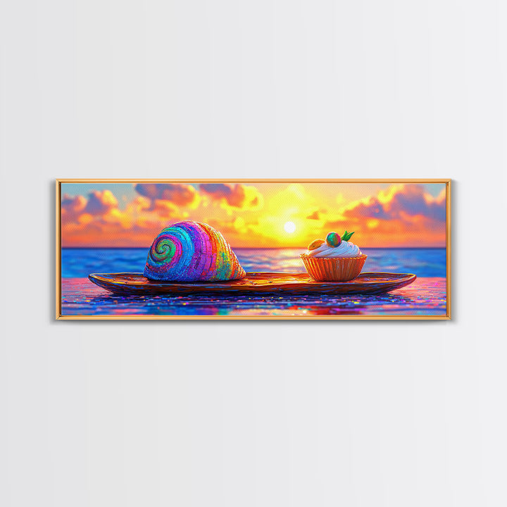 Rainbow Seashell And Cupcake At Ocean Sunset Wall Art, Coastal Kitchen Decor, Whimsical Beach House Art Print, Summer Decor