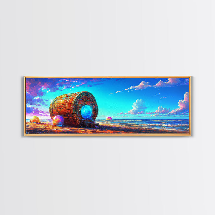 Glowing Barrel On Dreamy Seashore Framed Canvas Print, Coastal Wall Art, Beach House Decor, Surreal Ocean Wall Art, Nautical Decor