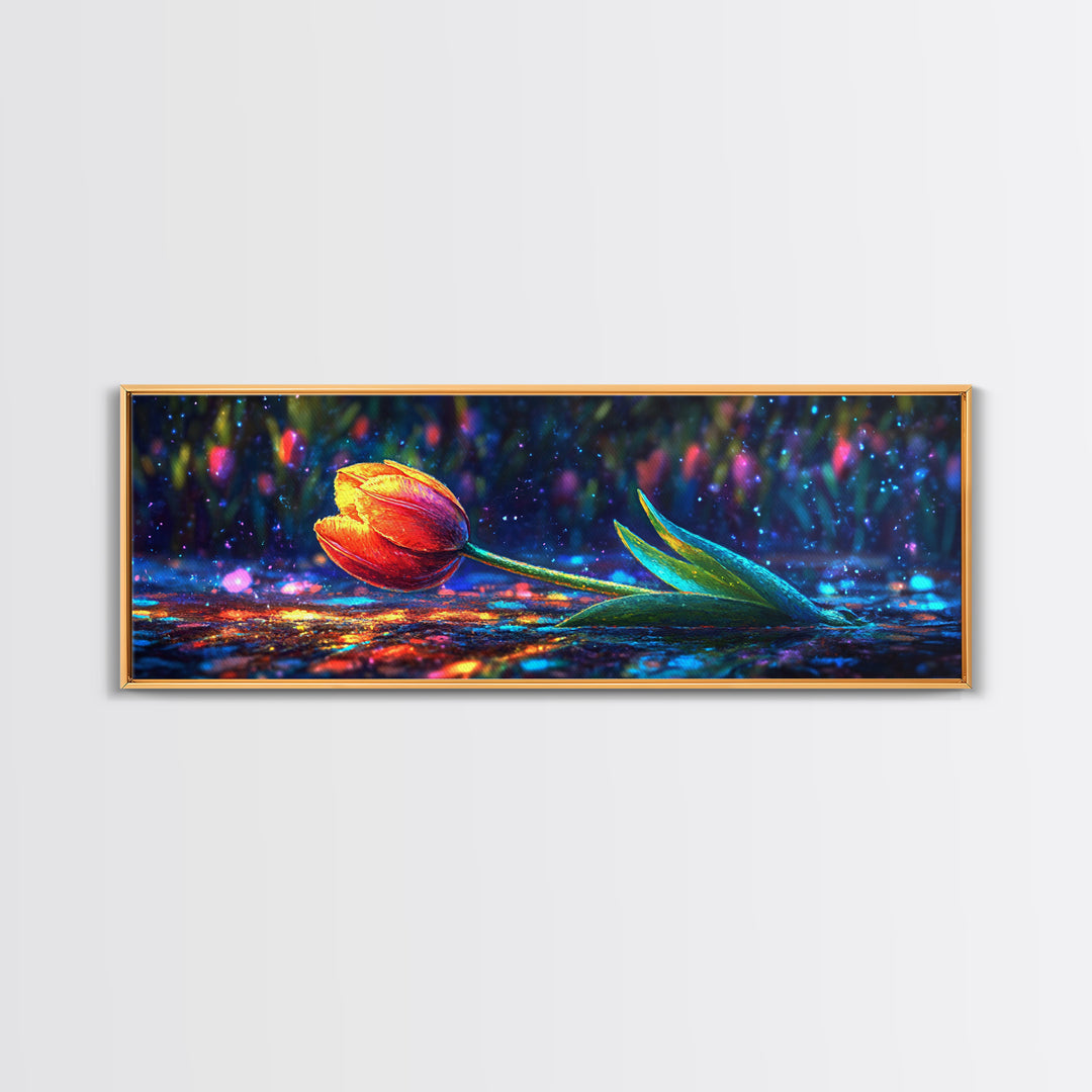 Single Orange Tulip On Glittering Rain Wall Art, Floral Wall Art, Botanical Print, Romantic Decor, Gift For Her, Bedroom Wall Decor