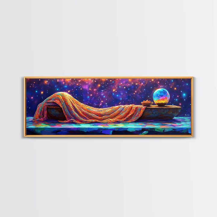 Dreamy Draped Bed Under Starry Sky Wall Art, Celestial Wall Art, Surreal Art, Whimsical Decor, Bedroom Wall Art, Modern Home Decor