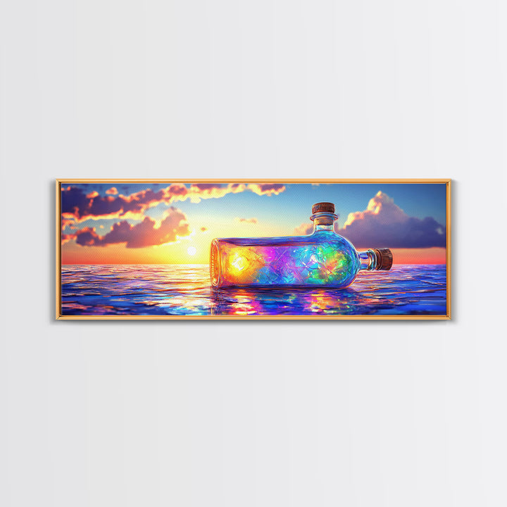 Glowing Message Bottle At Ocean Sunset Framed Canvas Print, Coastal Wall Art, Beach House Decor And Nautical Gift For Living Room