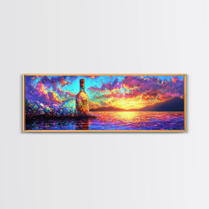 Glowing Bottle On Sunset Shore Canvas Print, Vibrant Ocean Wall Art, Coastal Beach House Decor For Living Room And Office Decor