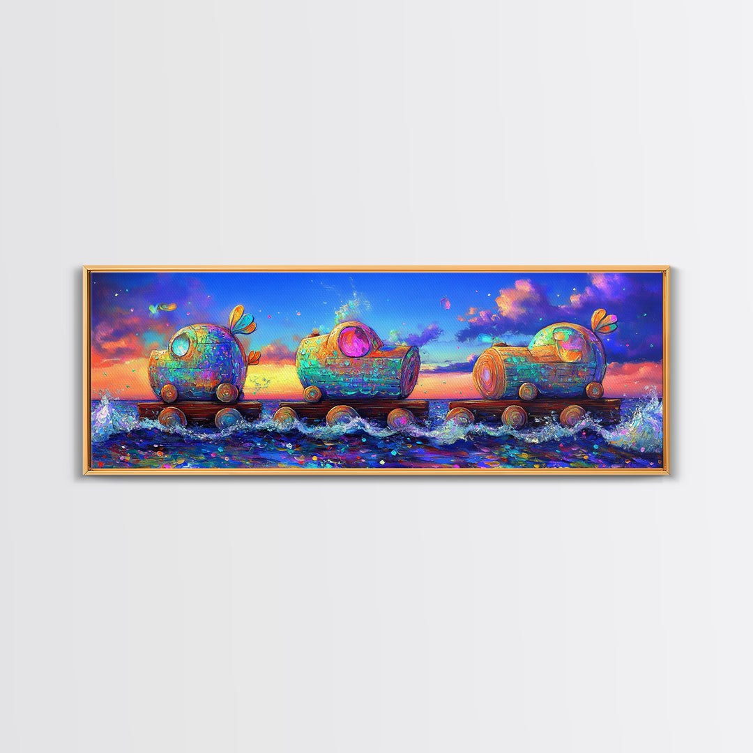 Whimsical Toy Train Rolling Through Ocean Waves Wall Art, Colorful Coastal Decor, Fantasy Nursery Art, Playroom Canvas Print