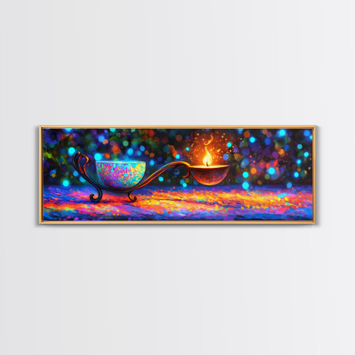 Ornate Rainbow Oil Lamp With Flame Framed Canvas Print, Spiritual Wall Art, Meditation Decor, Boho Home Decor Gift, Zen Wall Decor