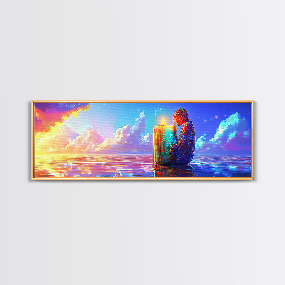 Solitary Figure Holding Candle By Sunset Sea Wall Art, Mystical Ocean Canvas Print, Spiritual Decor, Coastal Meditation Room Decor