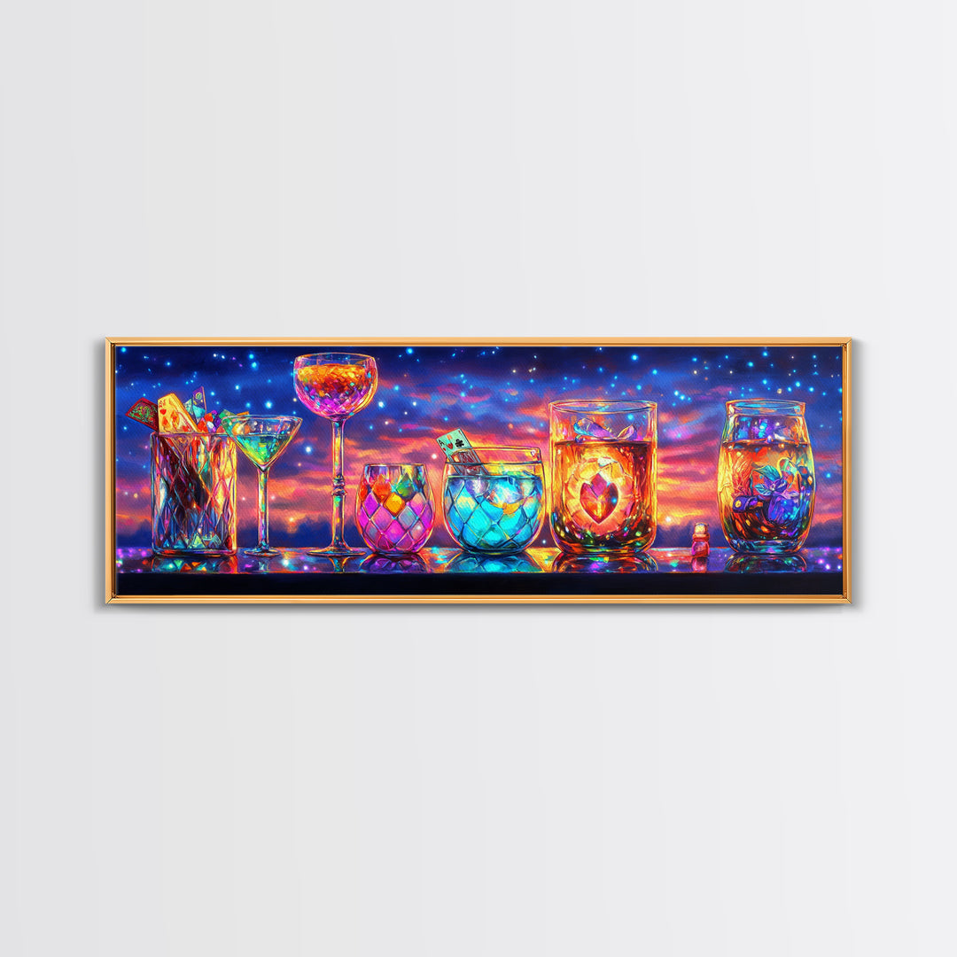 Glowing Cocktail Glasses At Twilight Wall Art, Colorful Bar Cart Canvas Print, Home Bar Decor, Martini And Wine Lover Gift