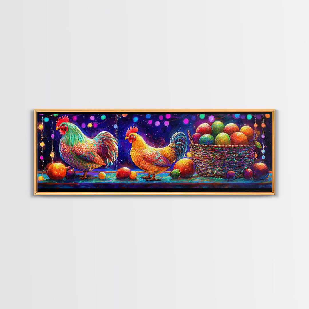Colorful Roosters And Hen With Fruit Basket Canvas Print, Farmhouse Kitchen Wall Art, Chicken Art, Rustic Home Decor Gift