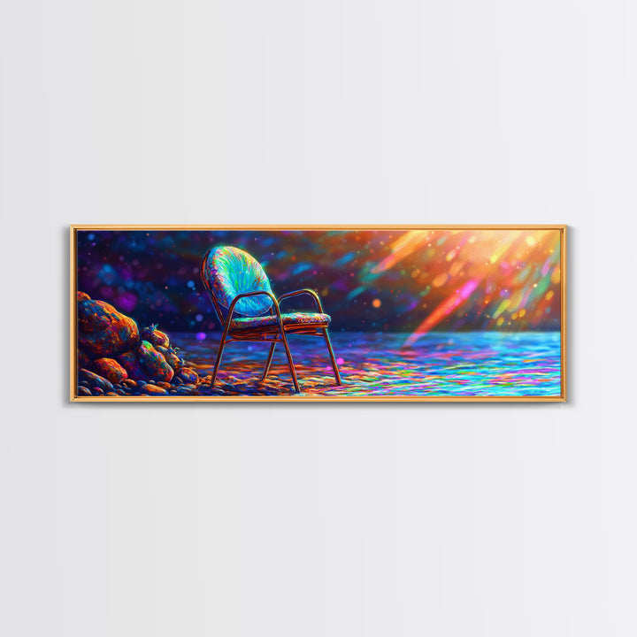 Empty Chair By Radiant Ocean Light Framed Canvas Print, Coastal Wall Art, Beach House Decor, Serene Seascape, Gift For Her
