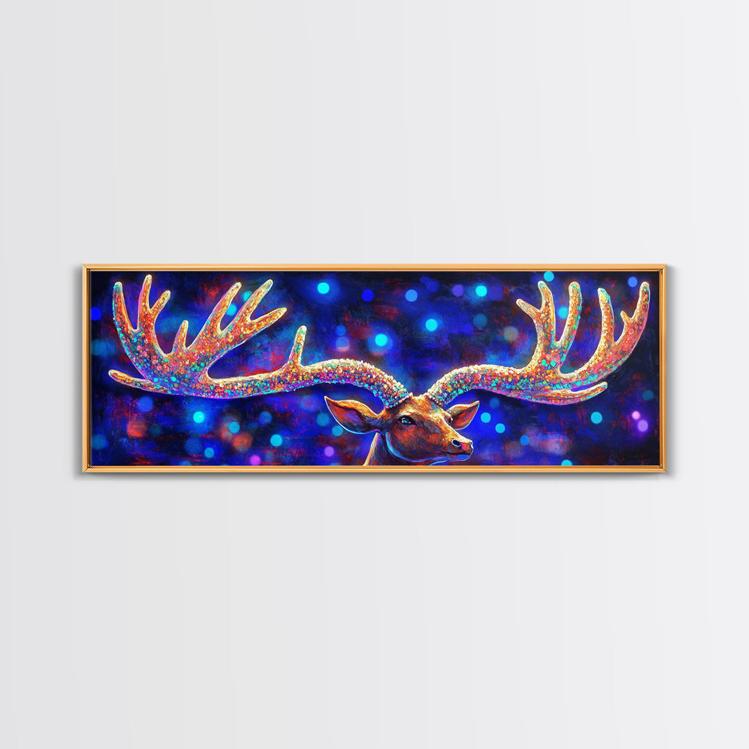 Rainbow Moose Antlers With Neon Bokeh Canvas Print, Wildlife Wall Art, Colorful Lodge Decor, Rustic Nature Housewarming Gift