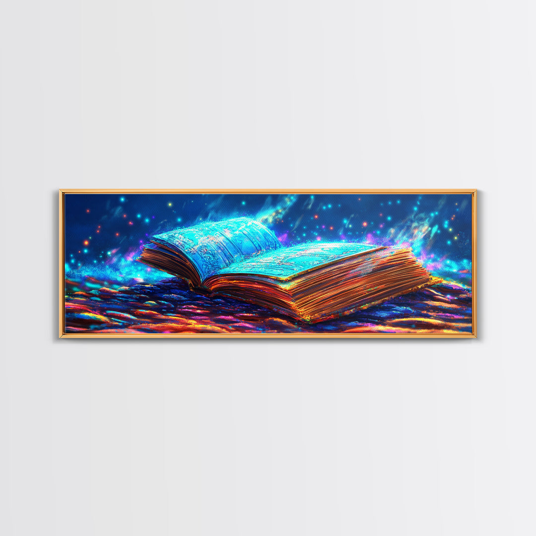 Glowing Open Book With Magical Blue Light Wall Art, Fantasy Library Canvas Print, Book Lover Decor, Dark Academia Gift For Readers
