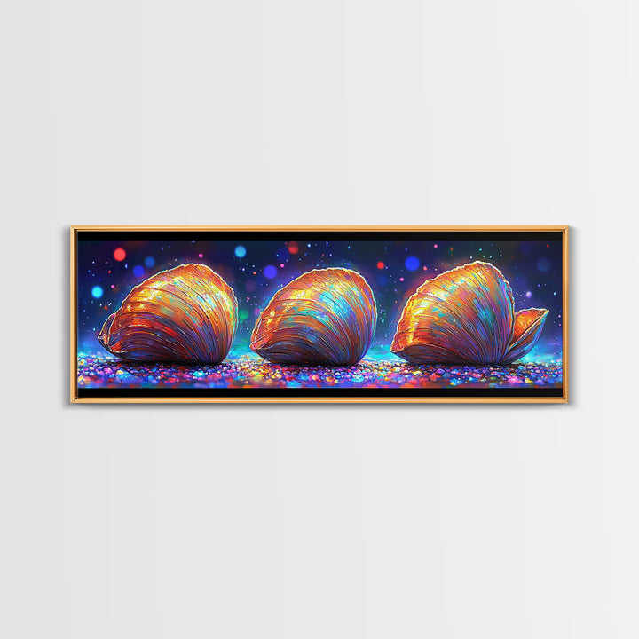 Three Glowing Seashells Canvas Print, Coastal Wall Art, Ocean Bathroom Decor, Beach House Gift, Colorful Nautical Art Print