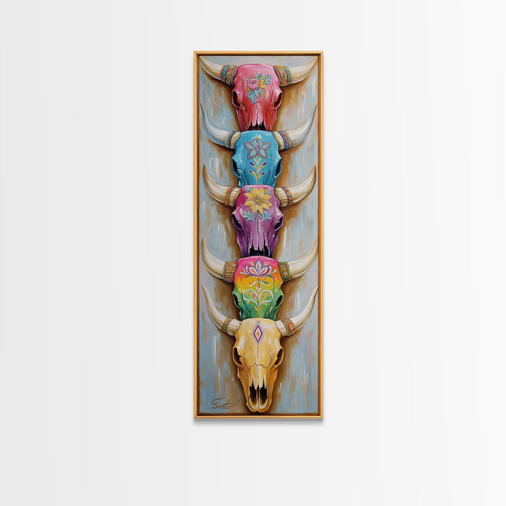 Stacked Painted Longhorn Skulls Wall Art, Southwestern Western Decor, Cowgirl Framed Canvas Print, Boho Ranch Home Decor