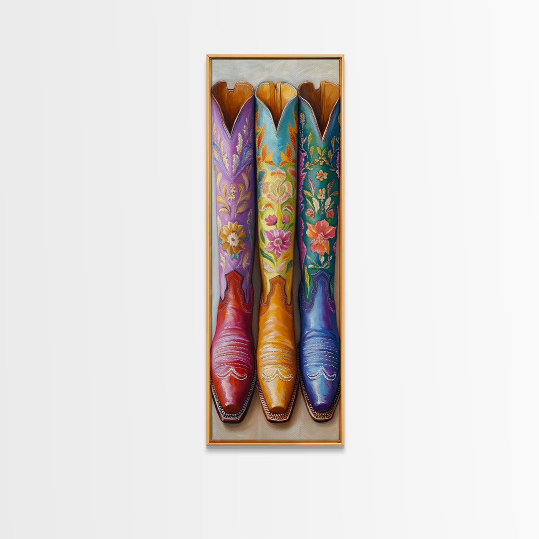 Three Tall Floral Cowboy Boots Wall Art, Western Cowgirl Decor, Southwestern Framed Canvas Print, Rustic Bedroom Wall Decor