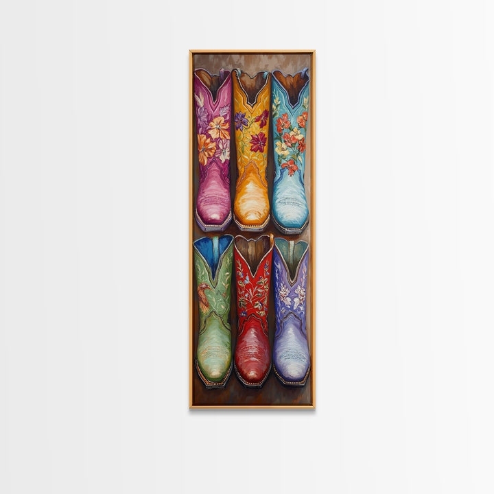 Six Floral Cowboy Boots Wall Art, Western Framed Canvas Print For Cowgirl Bedroom Living Room Rustic Home Decor Gift For Her