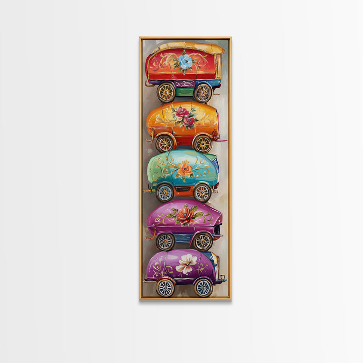 Whimsical Floral Covered Wagons Wall Art, Western Framed Canvas Print For Nursery Kitchen Living Room Home Decor Gift For Her