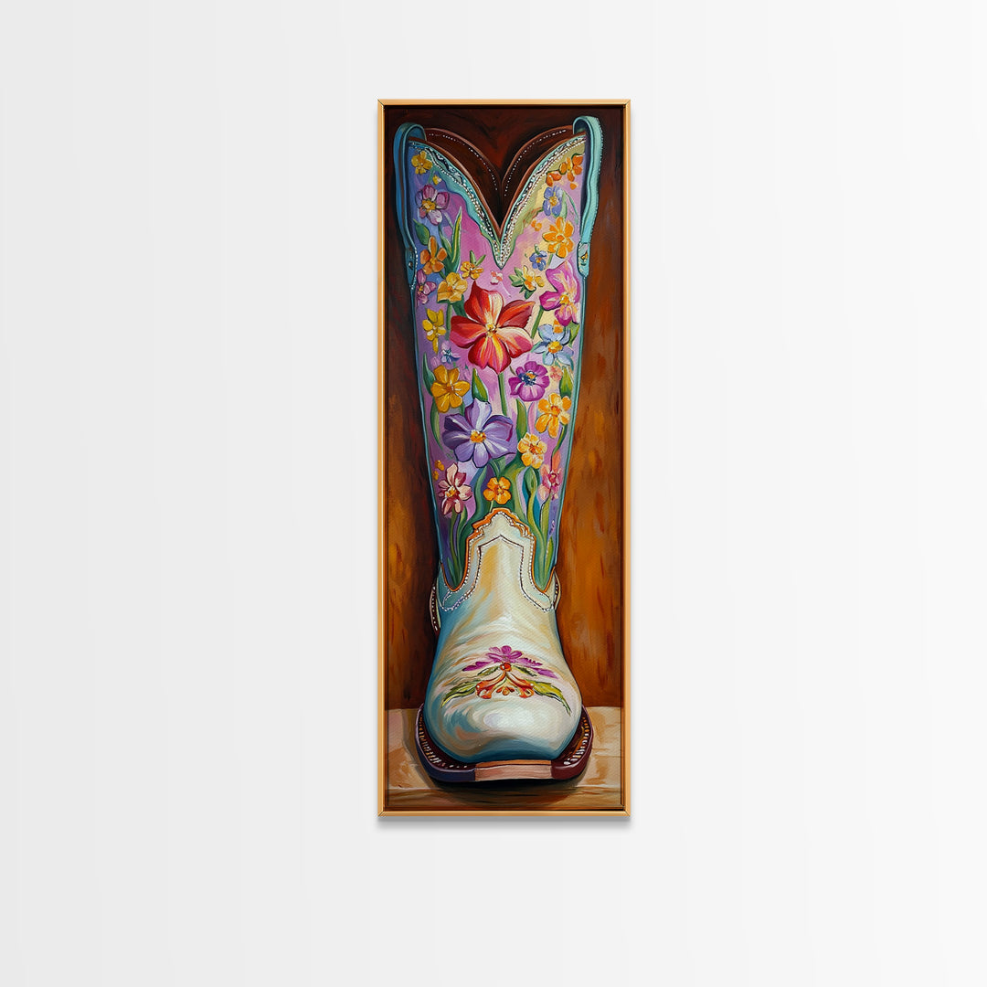 Turquoise Floral Cowboy Boot Framed Canvas Print, Western Cowgirl Wall Art, Boho Rodeo Decor, Southwestern Living Room Art