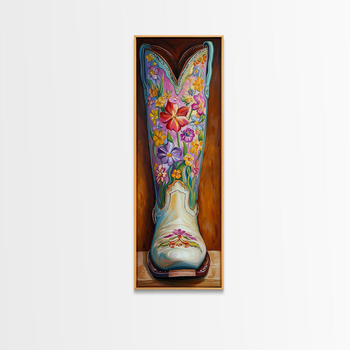Turquoise Floral Cowboy Boot Framed Canvas Print, Western Cowgirl Wall Art, Boho Rodeo Decor, Southwestern Living Room Art