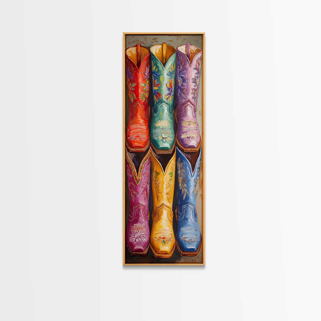 Bright Embroidered Western Boots Framed Canvas Print, Cowgirl Wall Art, Rodeo Decor, Boho Farmhouse Living Room Home Decor Gift